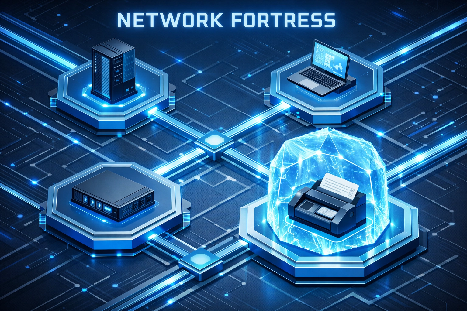 Secure IT network setup showing check scanners and servers separated by protective segmentation barriers.