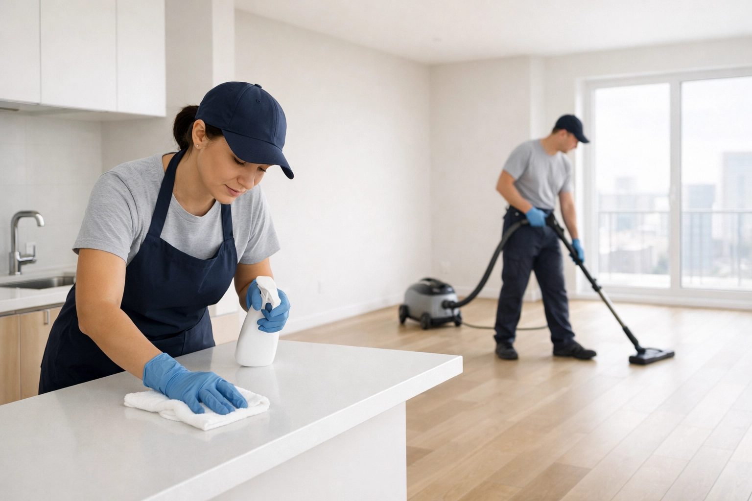 Two-person cleaning team working efficiently in vacant apartment turnover