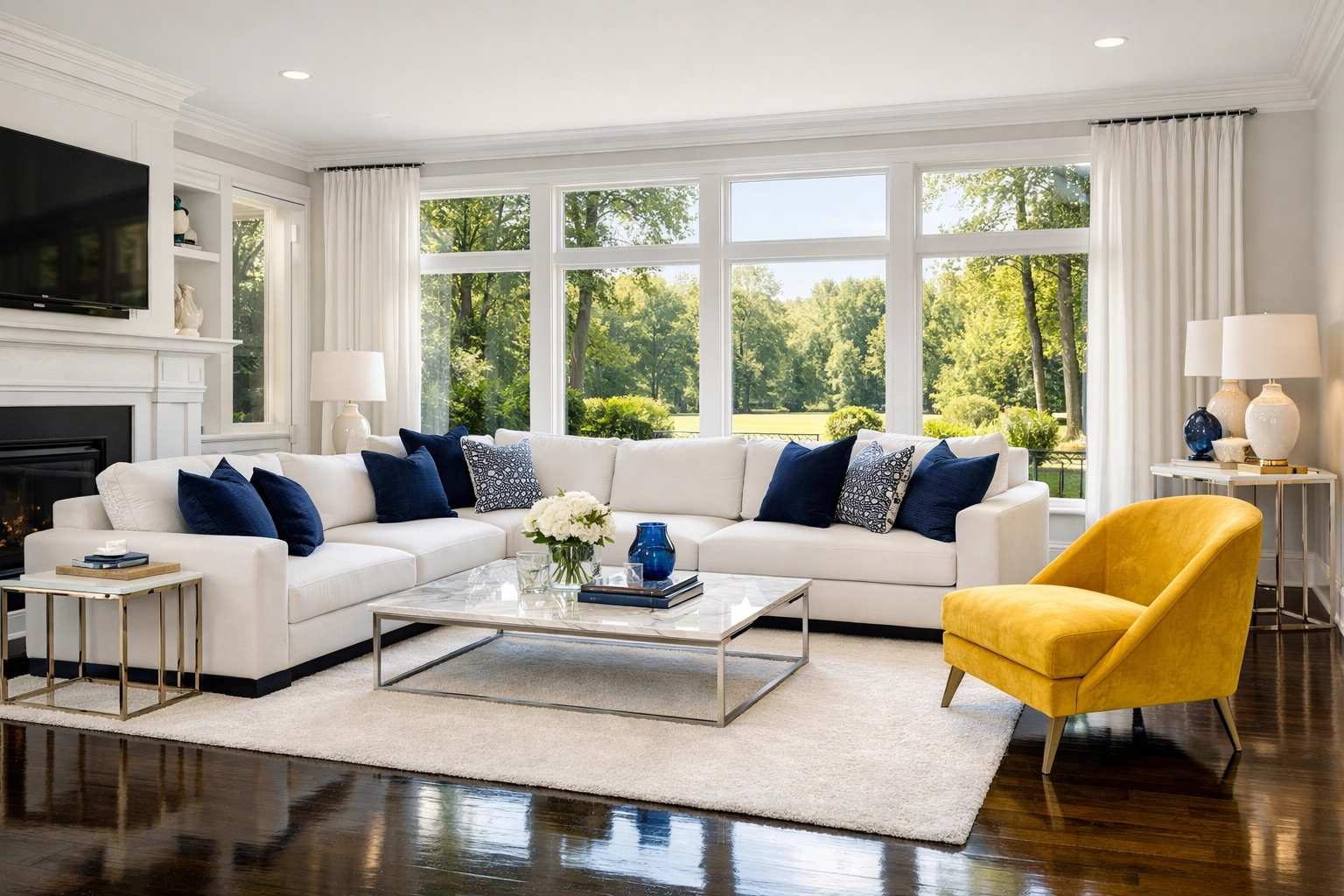 Stunning results of professional deep cleaning Marlborough in a luxurious living room with polished hardwood floors.