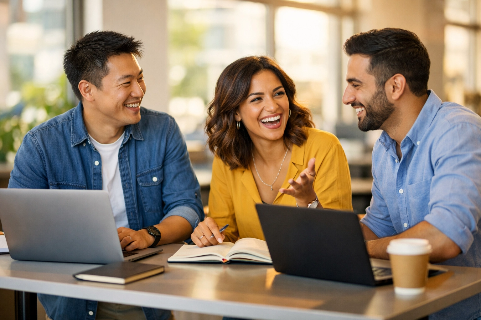 Diverse team collaborating at standing desk with laptops, energized by afternoon teamwork