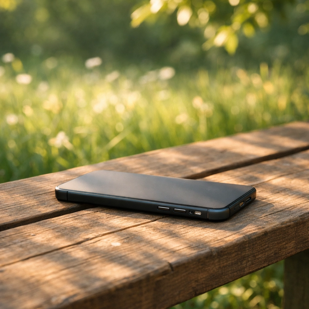 Smartphone turned off on park bench representing healthy news boundaries