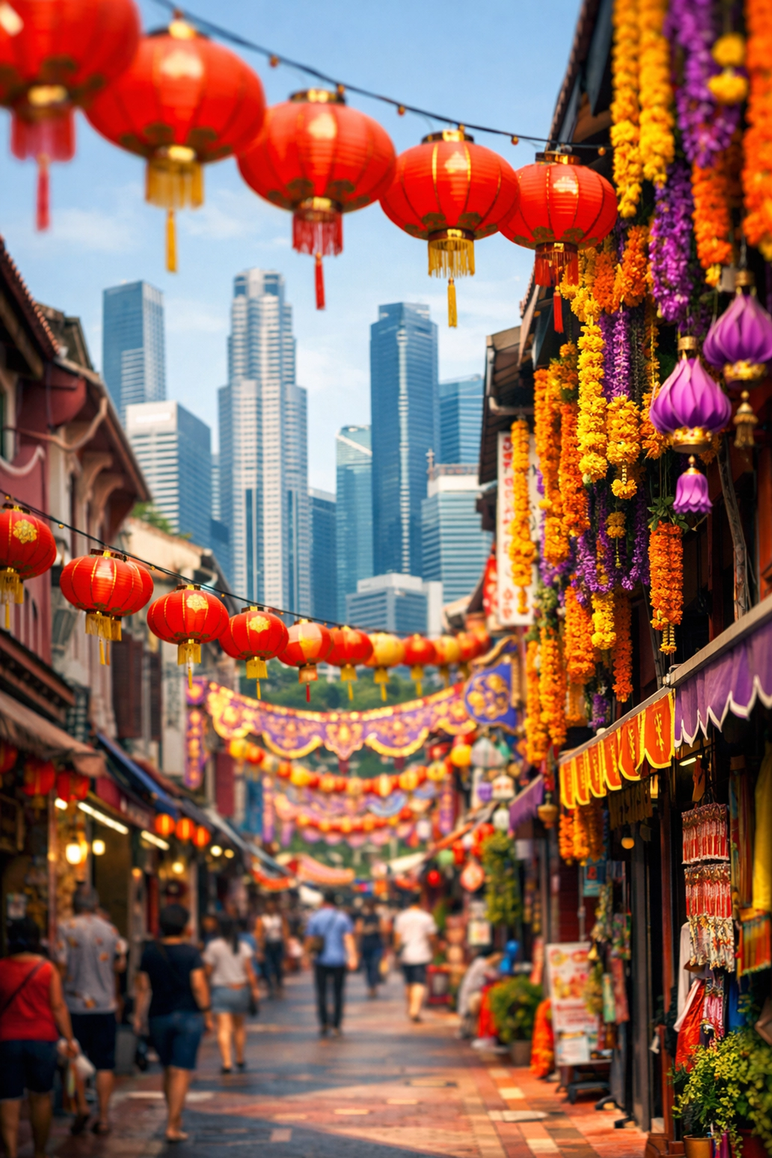 Vibrant decorations in Singapore's Chinatown illustrating local cultural holidays and business closures.