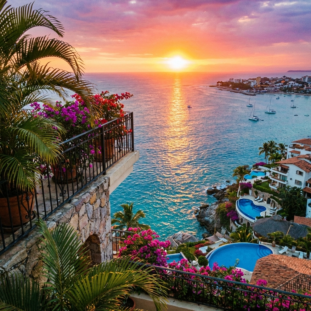 Sunset view from an Amapas condo balcony overlooking Banderas Bay, showing the appeal of top Puerto Vallarta rentals