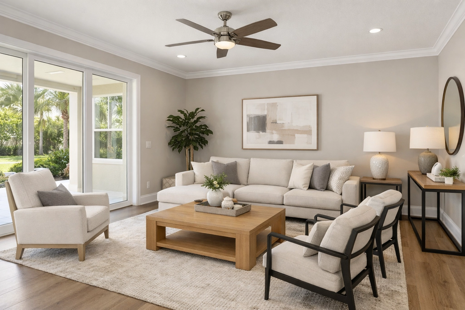 Modern living room with greige interior painting Orlando featuring white trim and bright natural light
