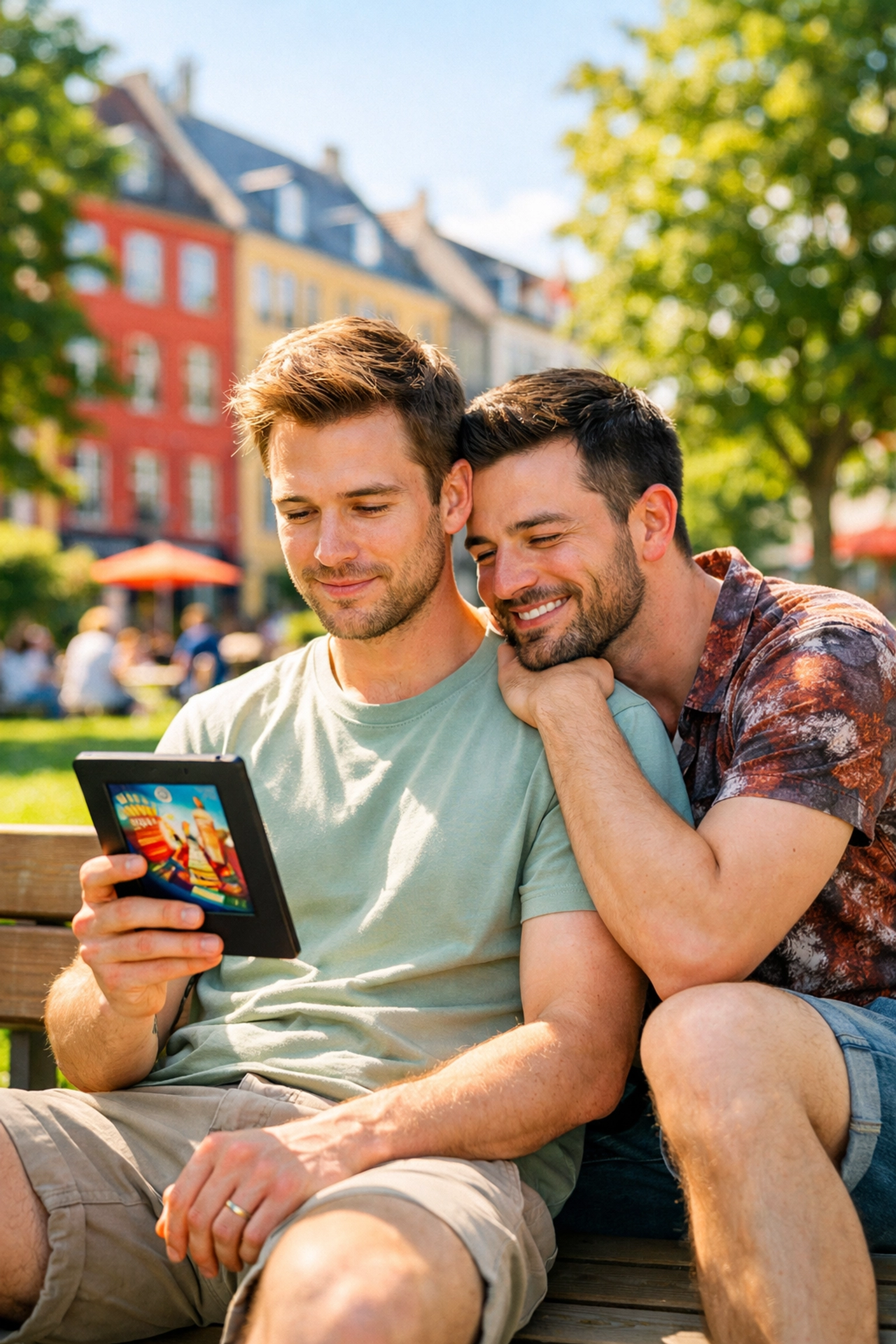 A gay couple reading LGBTQ+ ebooks together on a bench in a sunny Vesterbro park in Copenhagen.