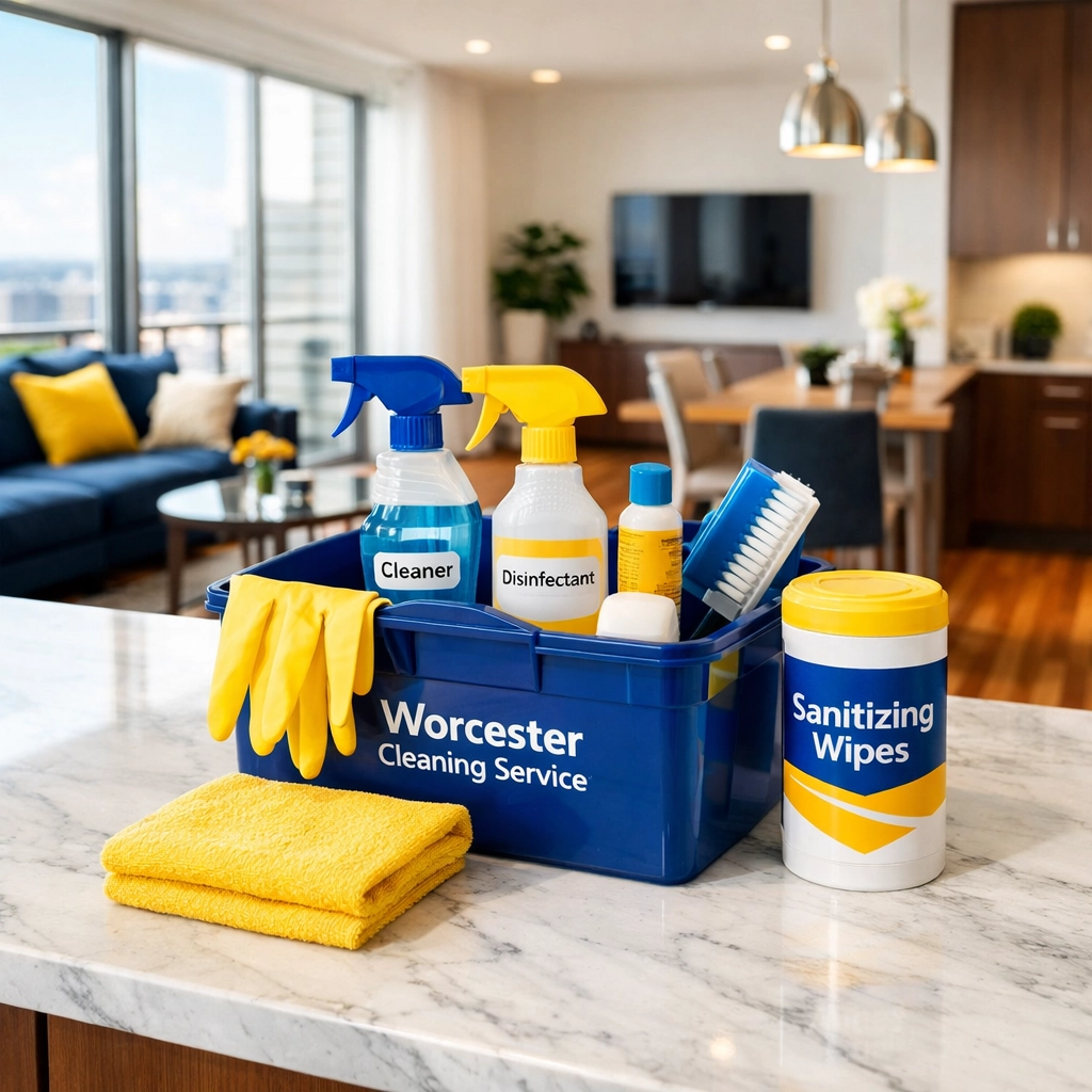Professional move-out cleaning Worcester supplies on a pristine marble island in a modern kitchen.