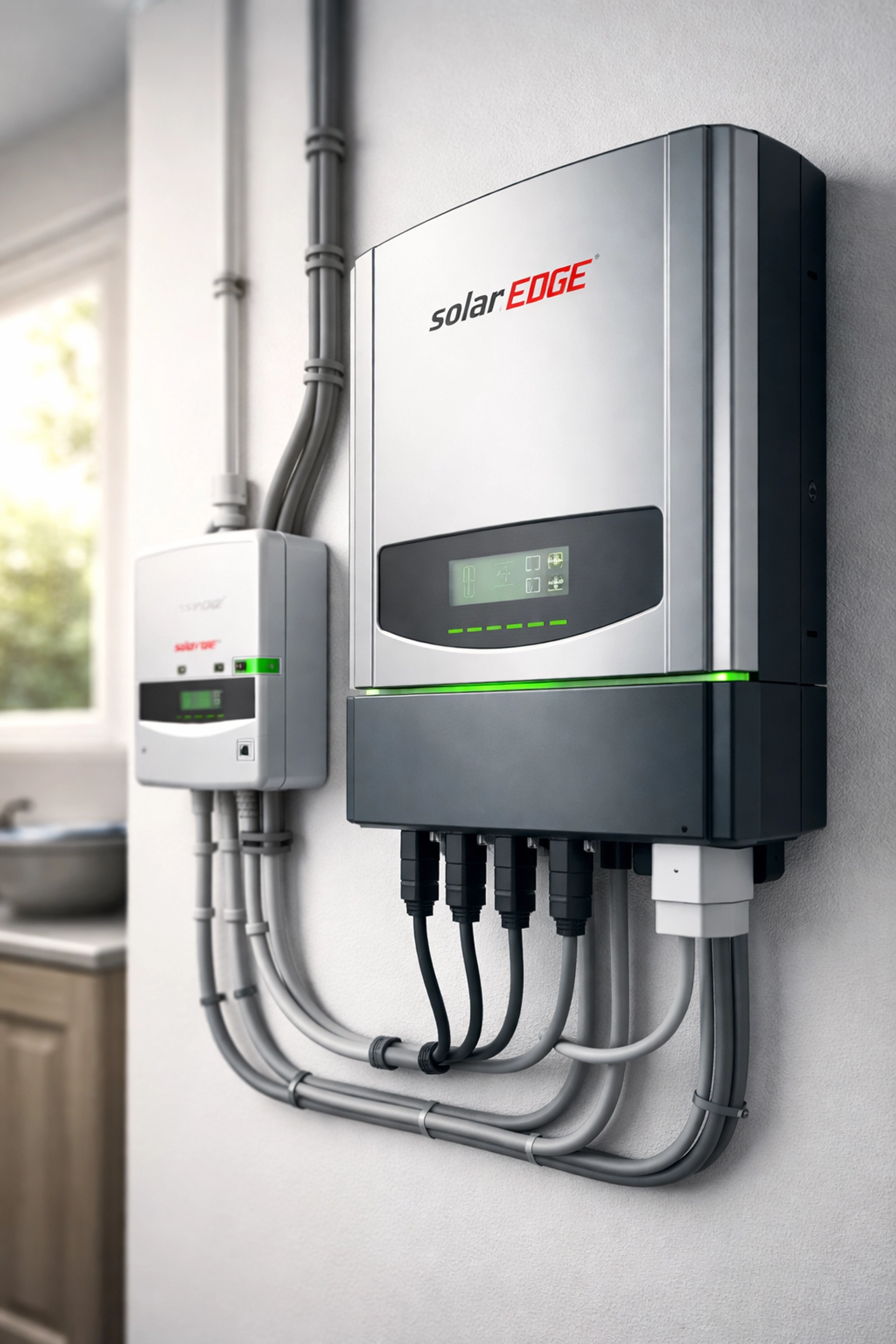 SolarEdge inverter professionally installed in a home garage as part of a quality solar panel system