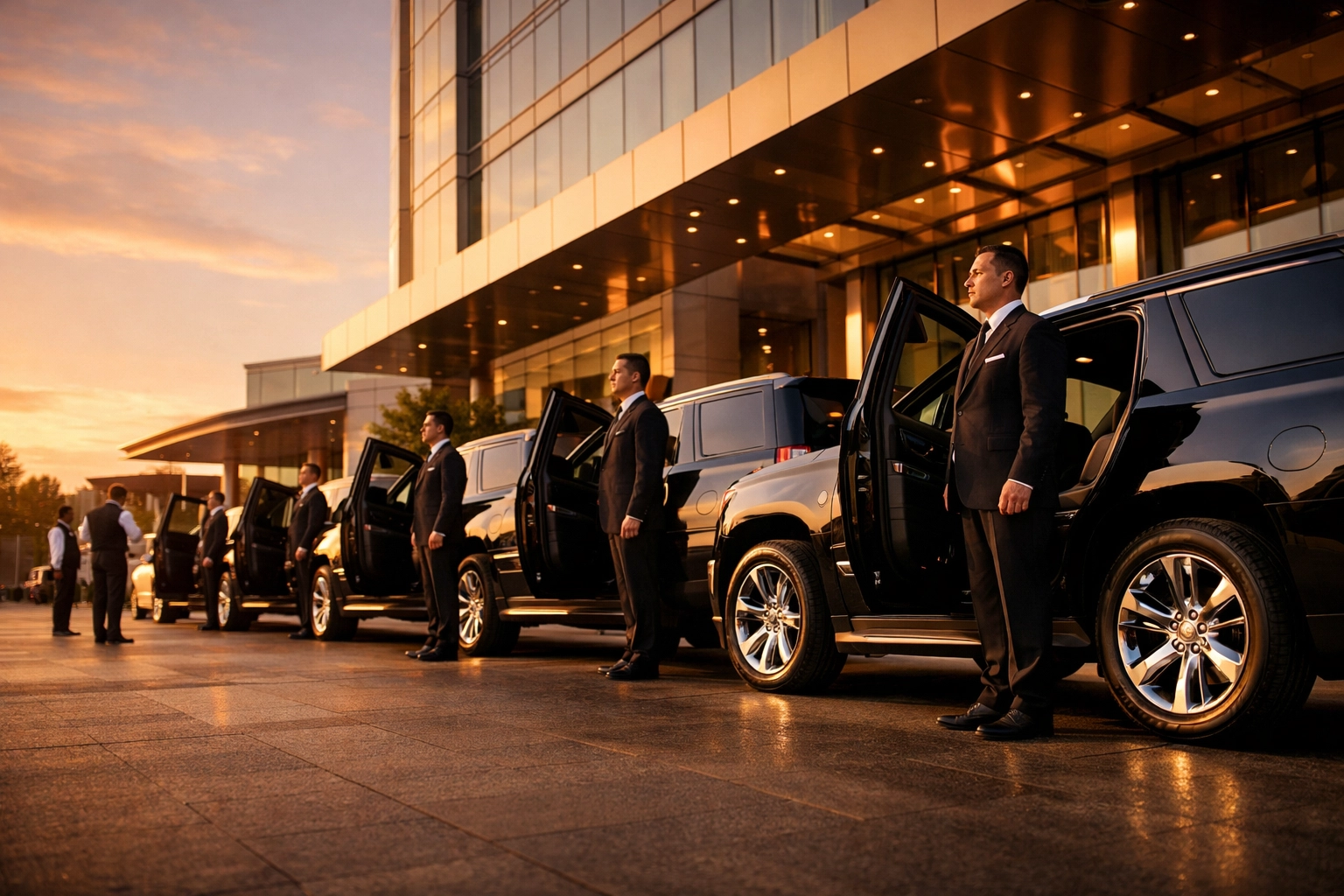 Premium corporate transportation fleet with chauffeurs at hotel entrance for Super Bowl travel
