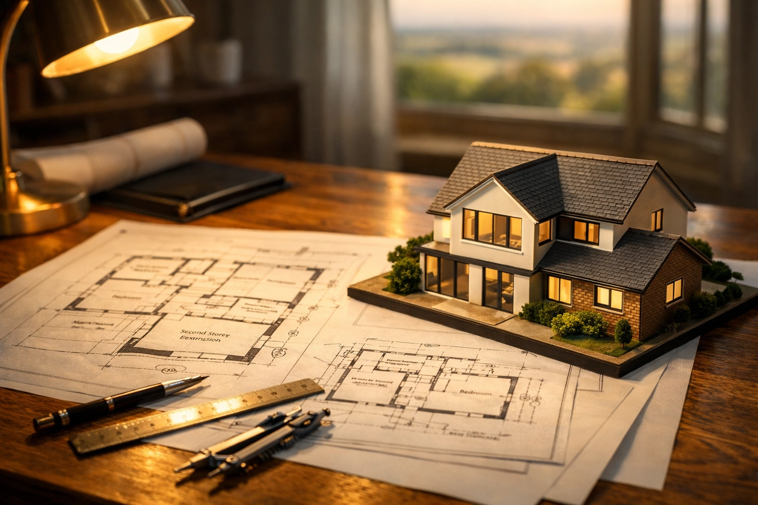 Architectural blueprints and house model for a bungalow second-floor extension design.