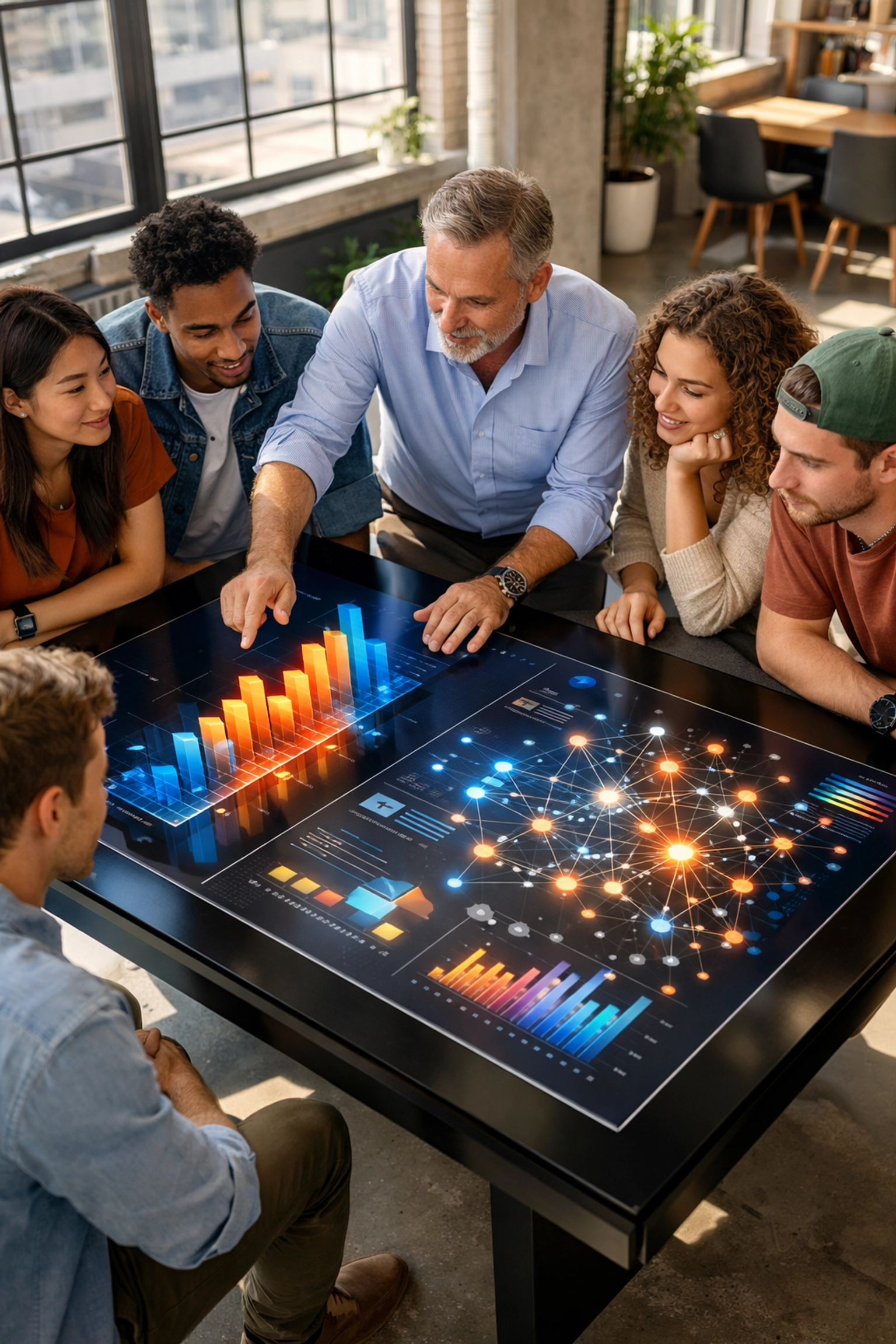 Students and mentor analyzing data analytics dashboards to track workforce readiness skills.