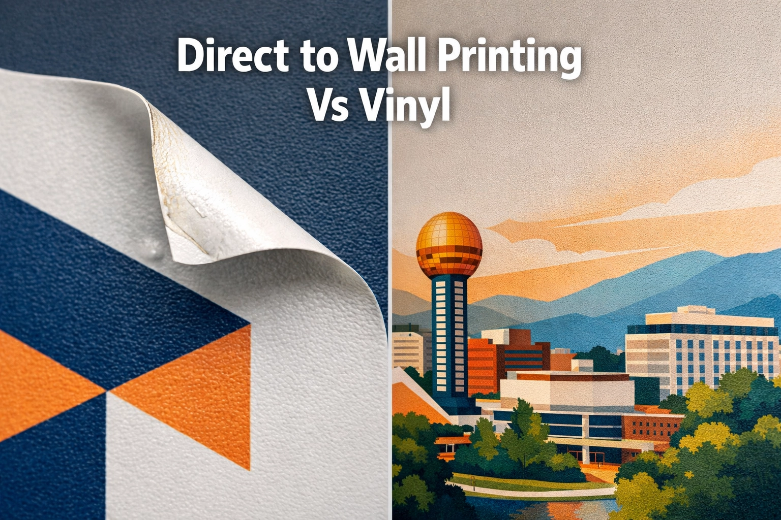 Comparison of a peeling vinyl decal versus a durable, seamless direct to wall mural installation.