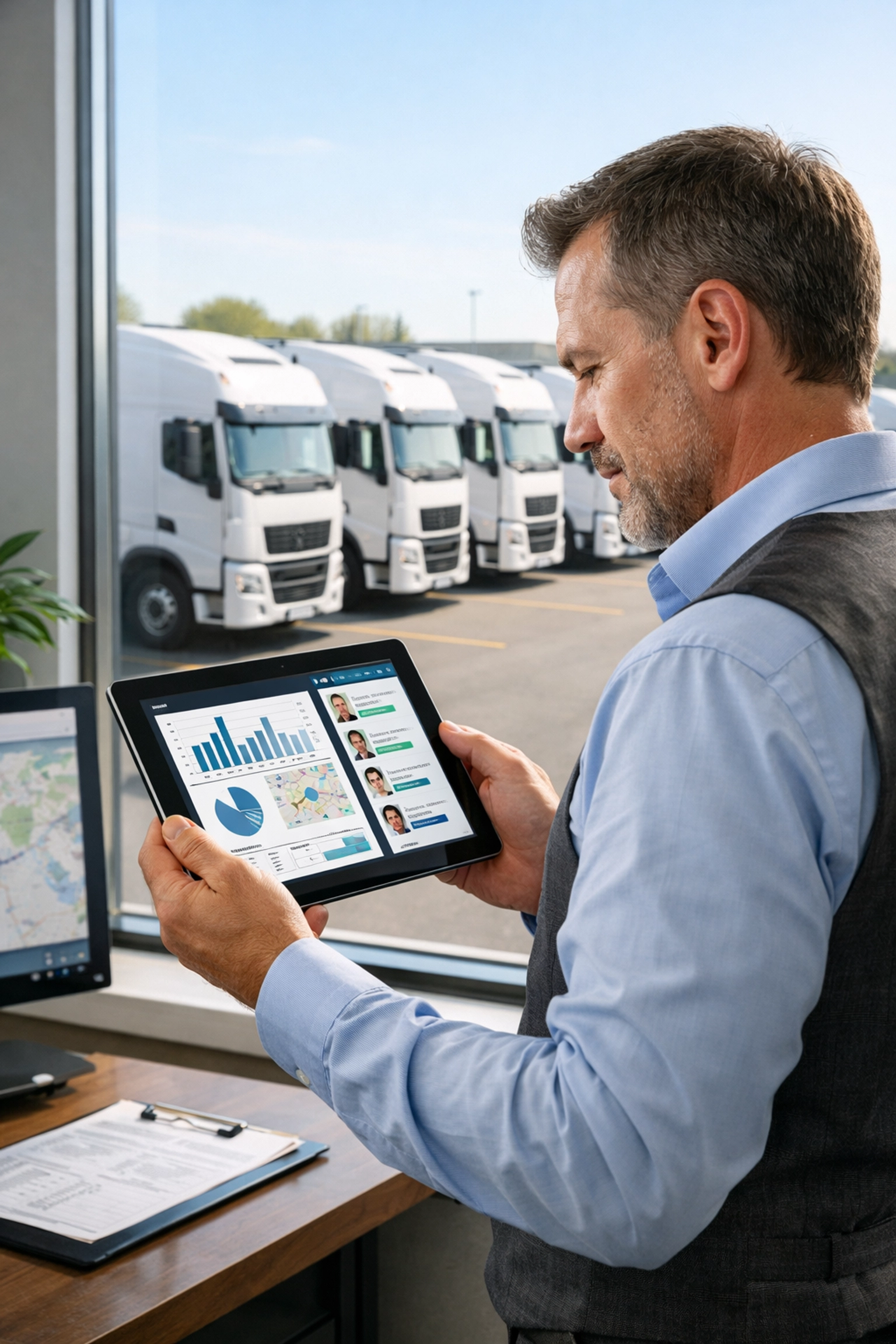 Fleet manager reviewing driver safety profiles and data to improve commercial auto risk management.