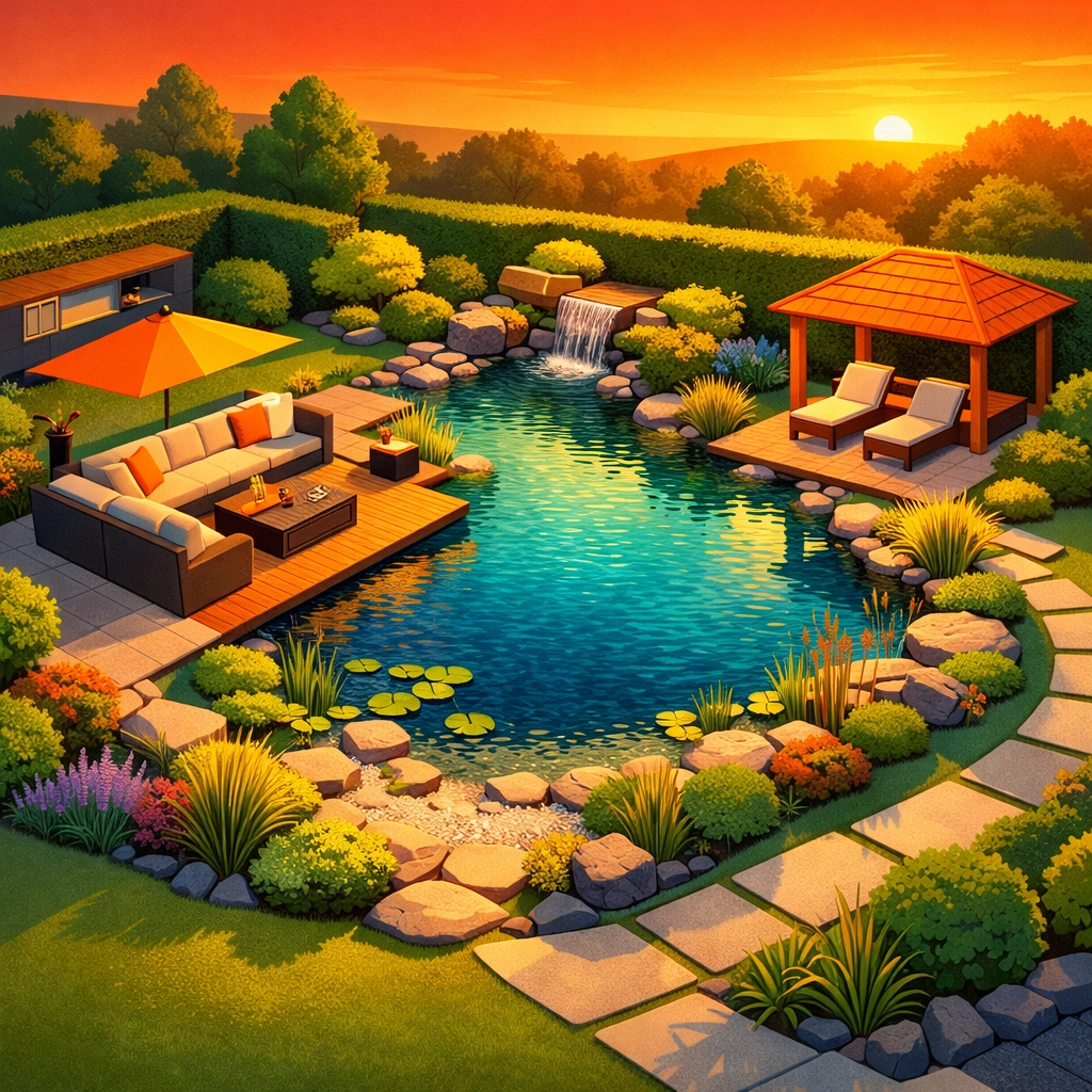 Luxury natural swimming pond in Surrey garden with landscaping and outdoor patio area