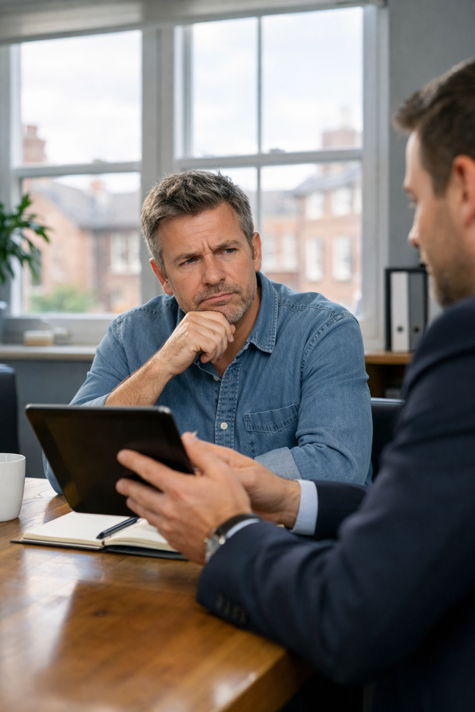 Business owner reviewing SEO reports with a consultant to avoid guaranteed ranking scams.