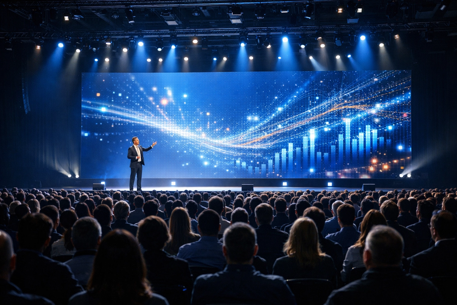 Conference photographer miami shooting a keynote speaker on stage at a large convention center.