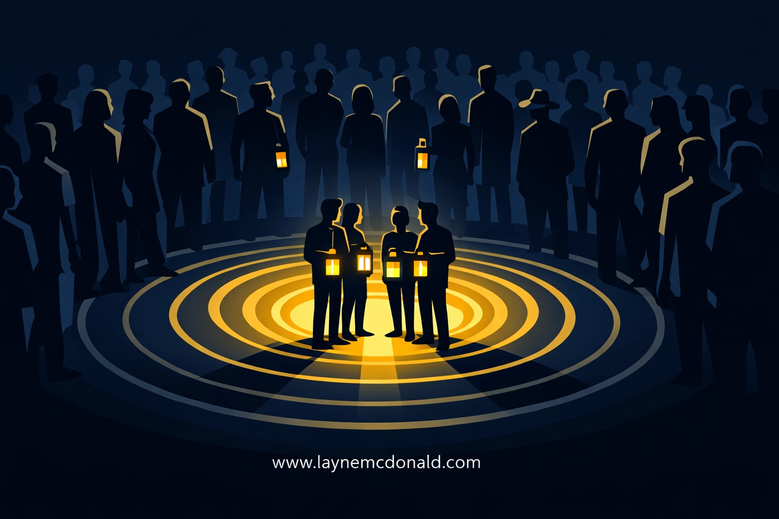 Figures with lanterns creating a ripple effect, showing how healthy staff culture impacts the whole church.