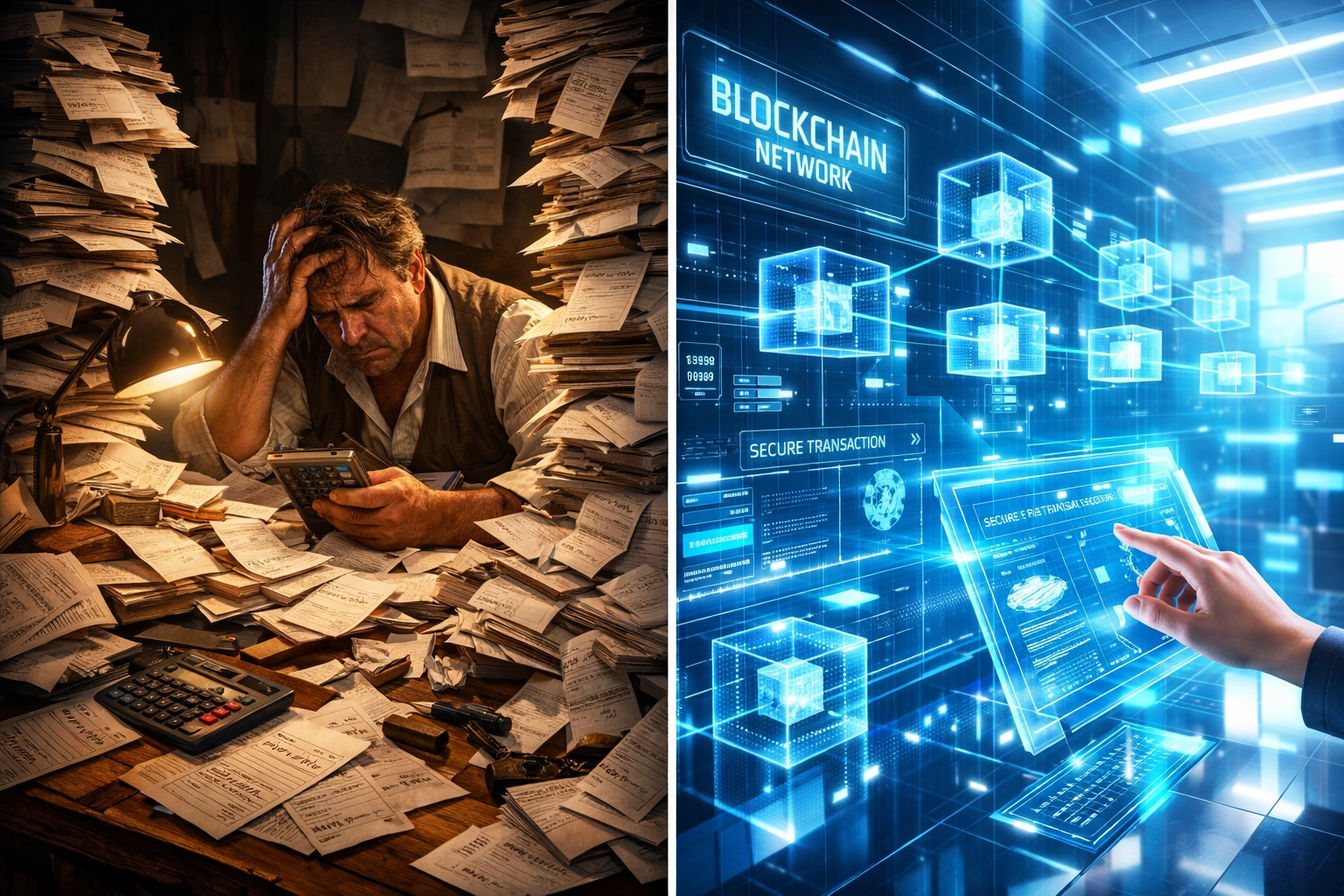 Traditional merchant paperwork vs Web3 blockchain payment interface comparison