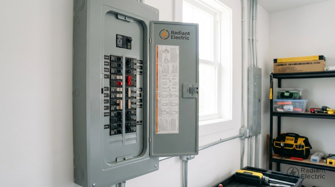 Modern residential electrical panel showing organized circuit breakers in a well-lit utility room