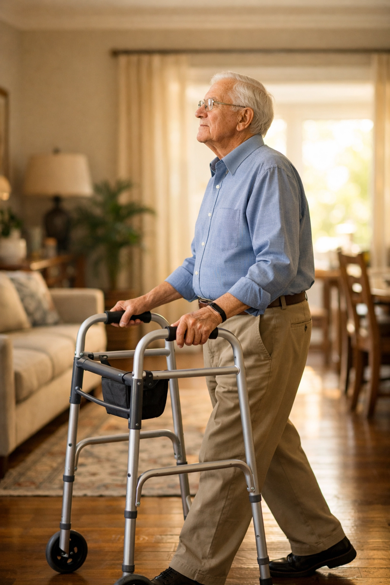 A senior man practices proper walker posture by walking inside the frame and looking forward to stay safe.
