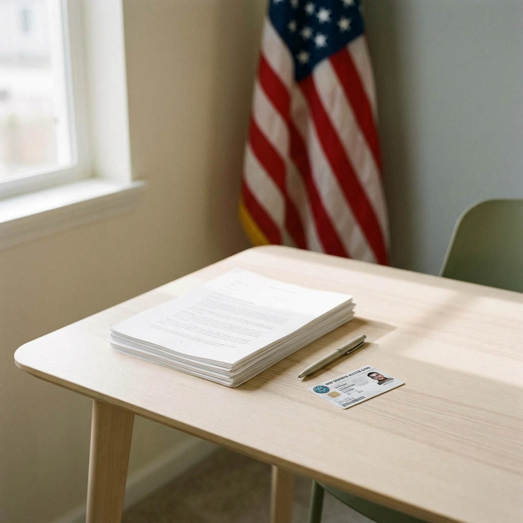 Military family's home office desk with legal documents and military ID for notary services at Fort Greely