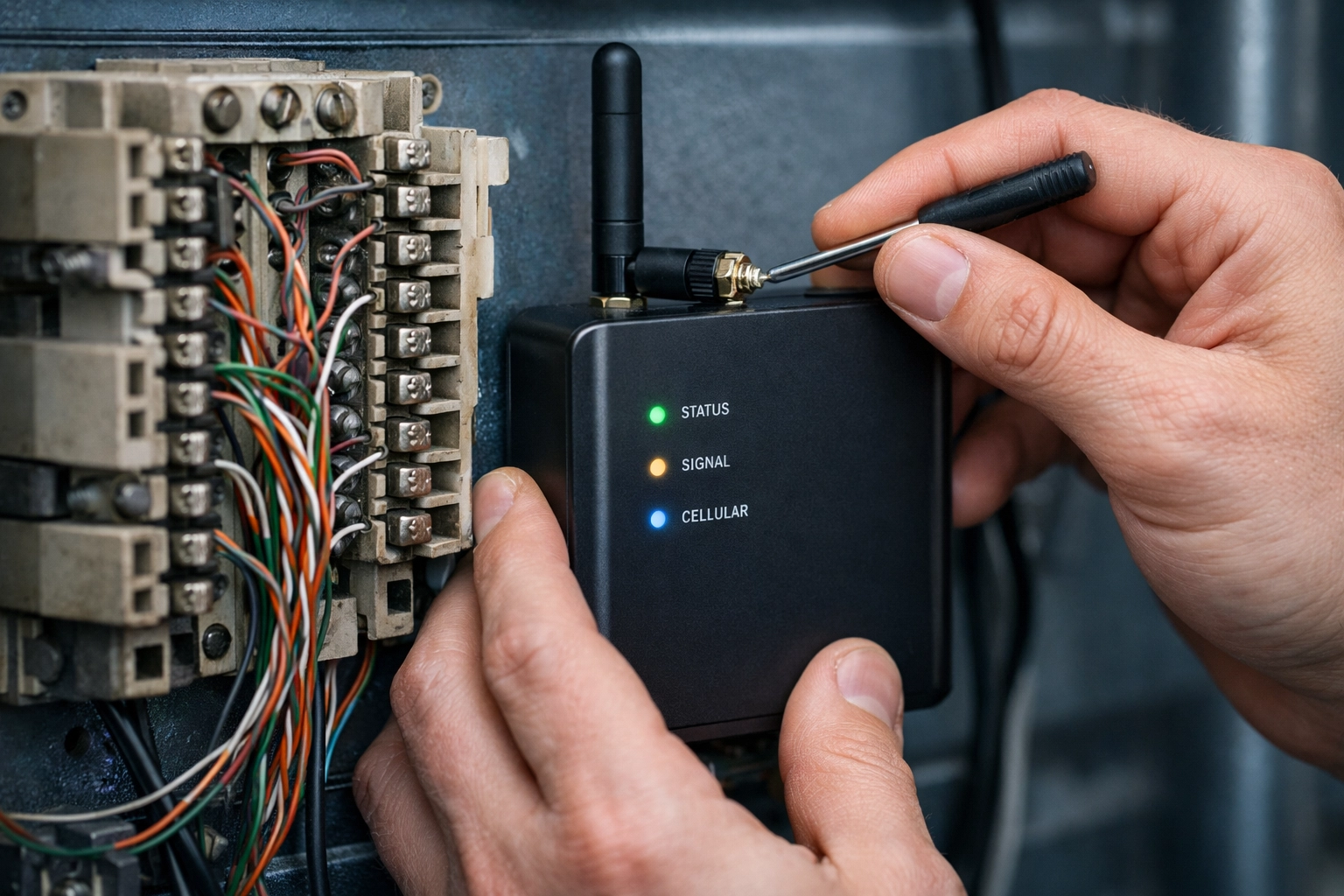 Technician installing cellular backup device to replace legacy copper telephone lines for elevator phone system