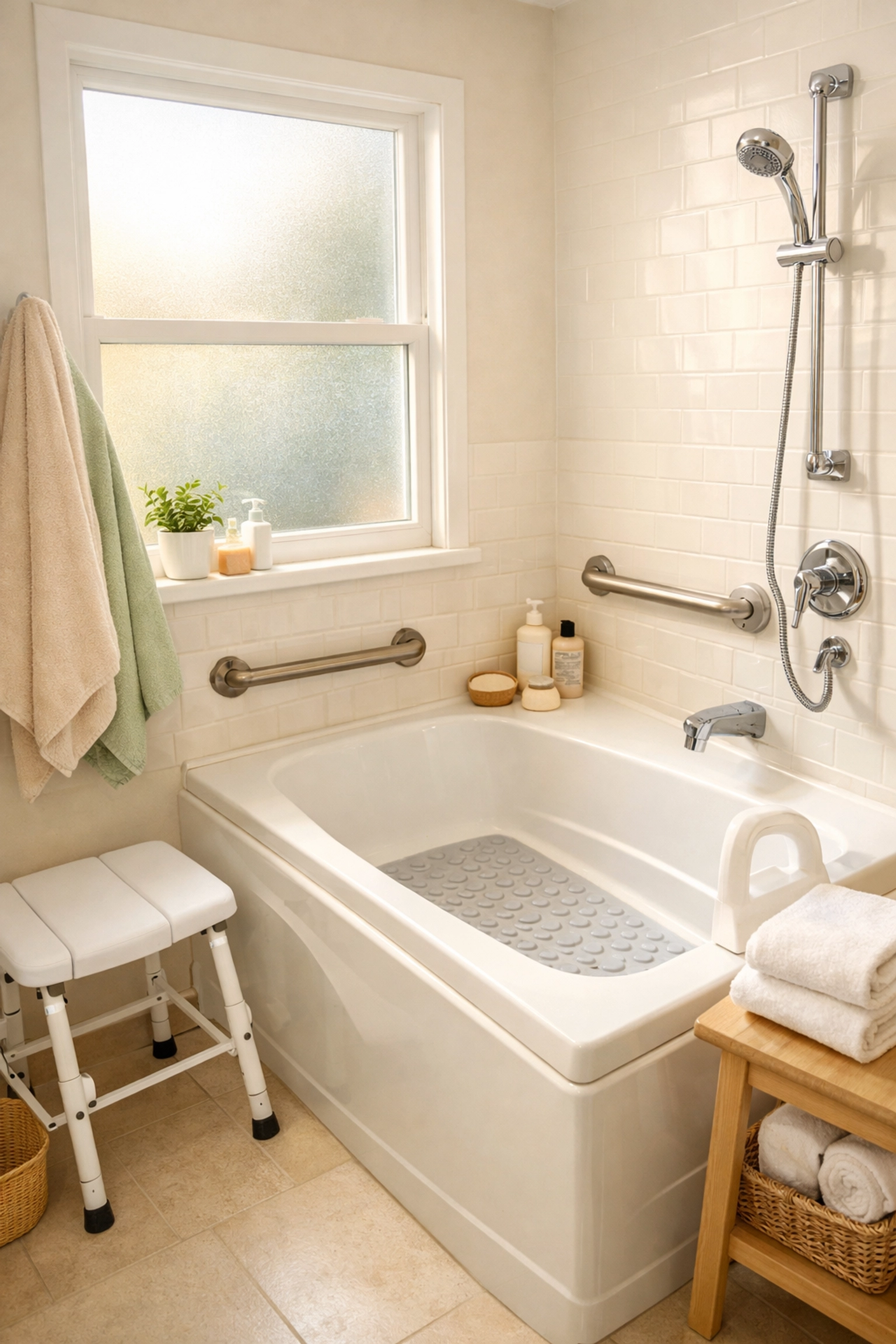 Safe bathroom with non-slip mat in bathtub for senior fall prevention