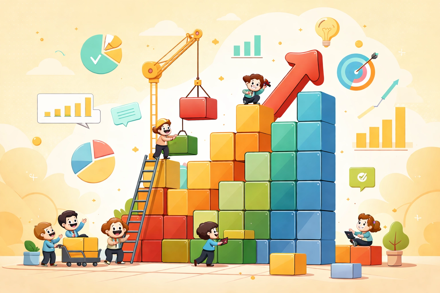 Team assembling an upward-trending growth chart, highlighting business growth and streamlined operations.