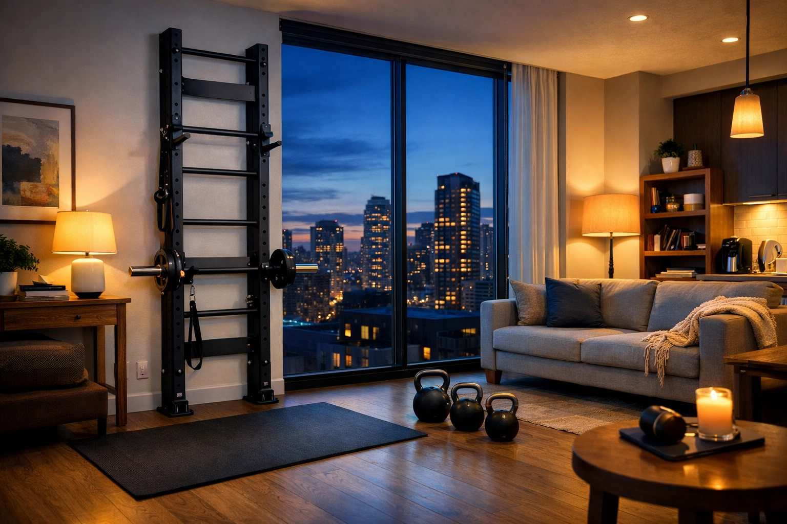 A versatile home gym setup in a small apartment for consistent bodyweight training at home.