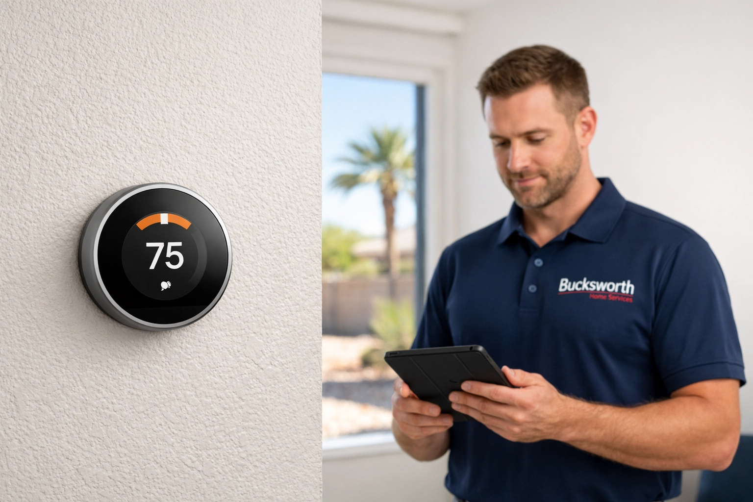 Bucksworth technician inspecting a smart thermostat during a Tempe AC maintenance visit.