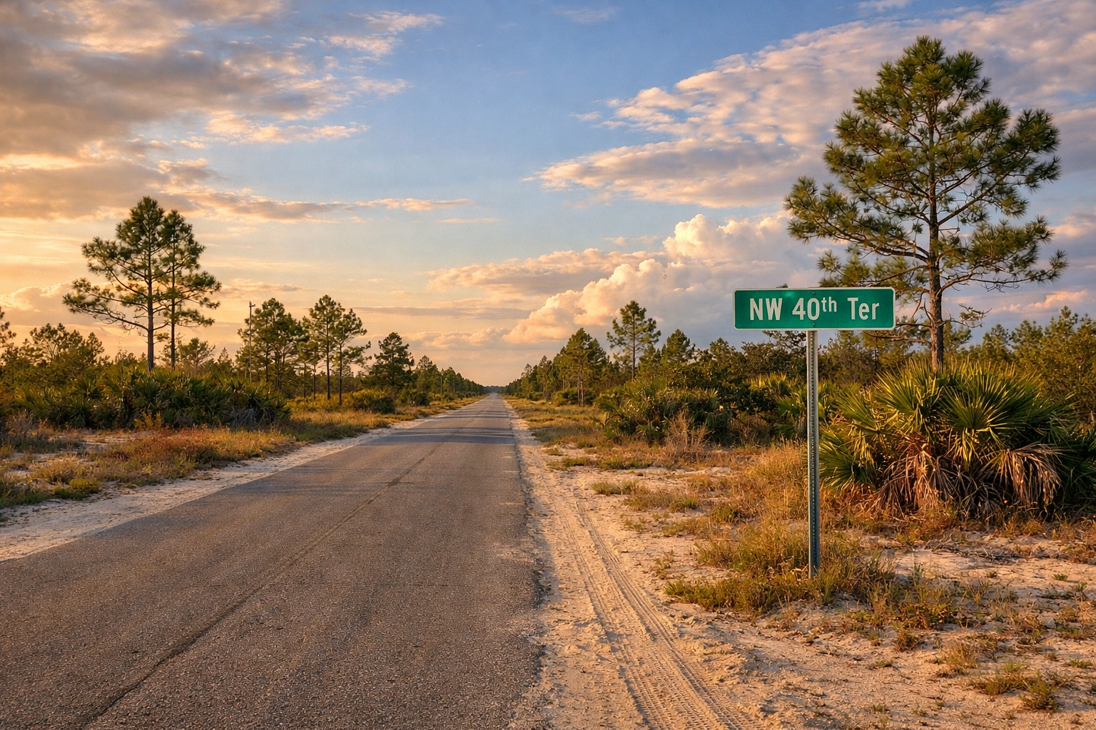 Undeveloped street in Northwest Cape Coral with vacant lots and natural vegetation