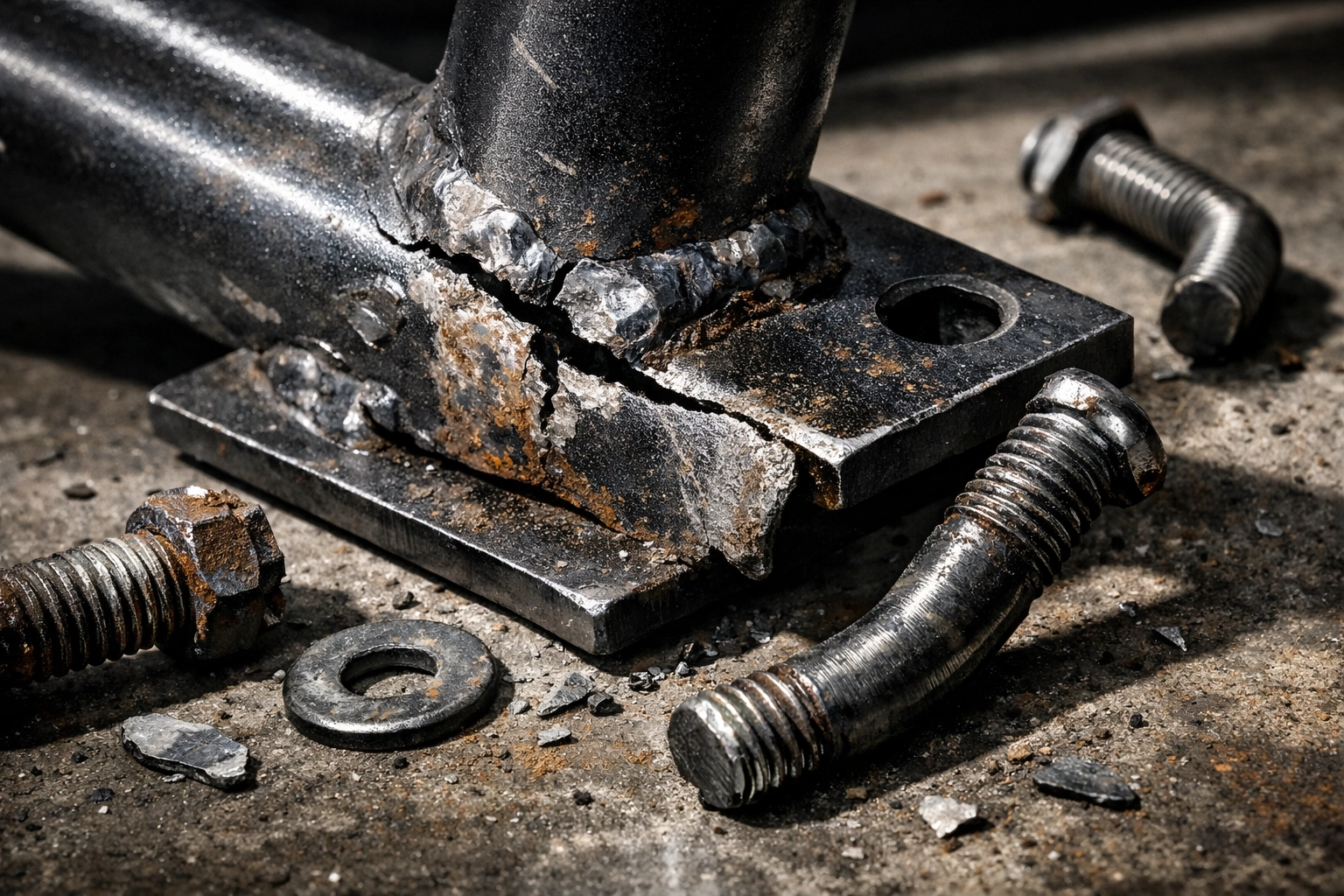 Close-up of failed gym equipment showing cracked welds and broken mounting hardware