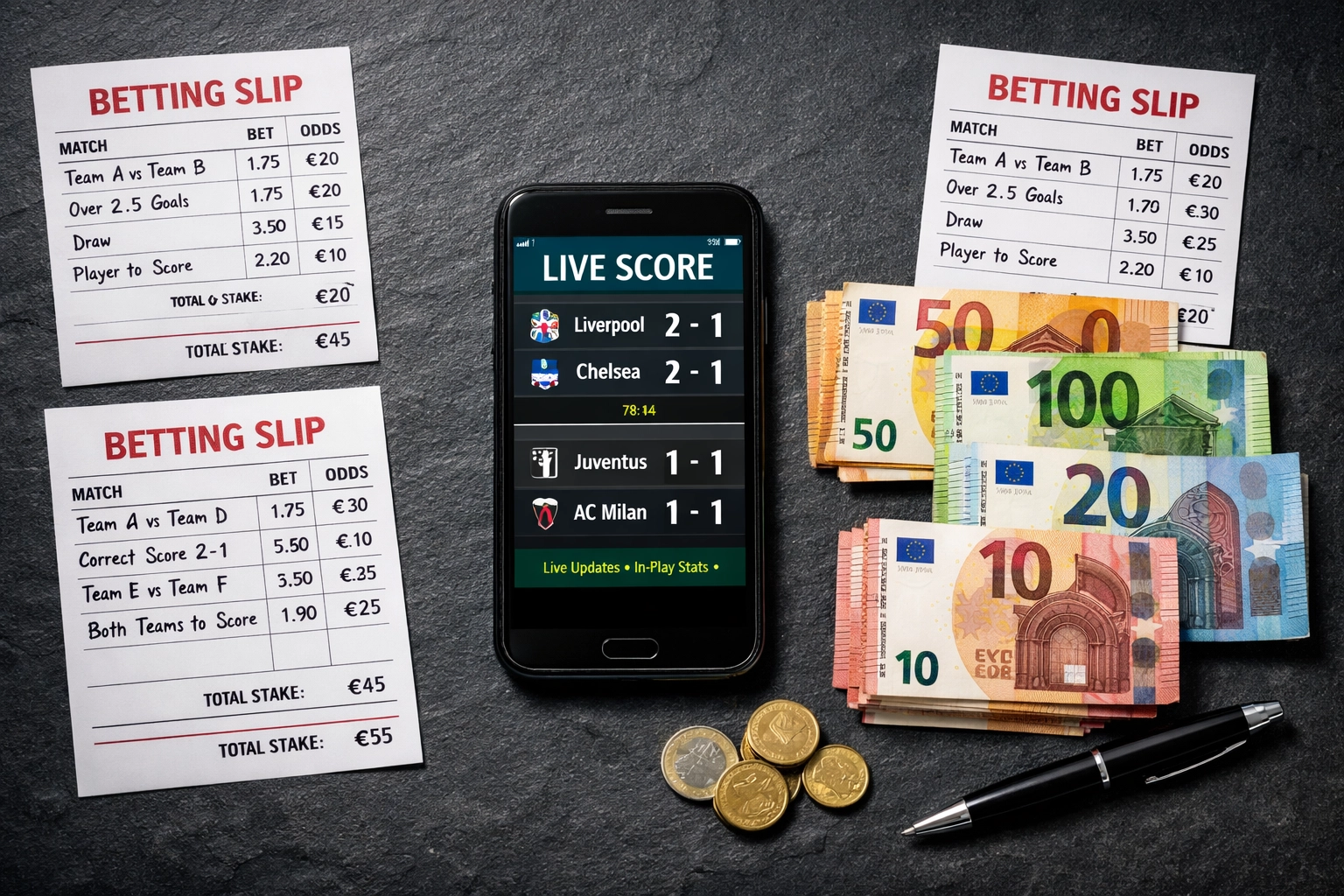 Wettscheine, Smartphone und Geldscheine für professionelles Bankroll-Management