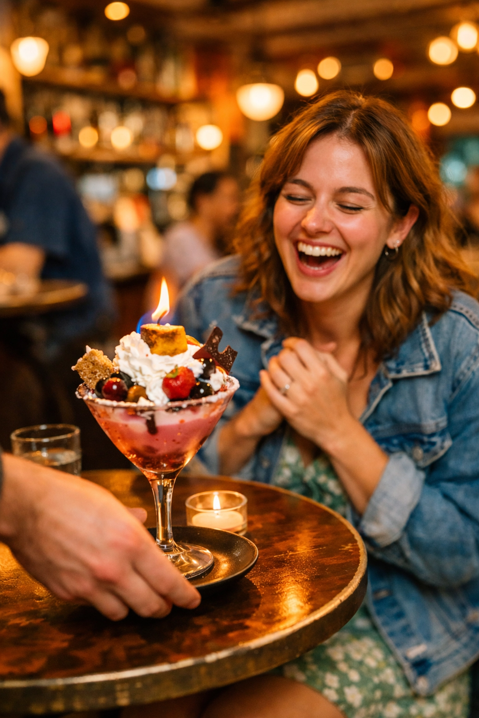 Smiling restaurant customer enjoying a cocktail, providing authentic social proof for restaurants.