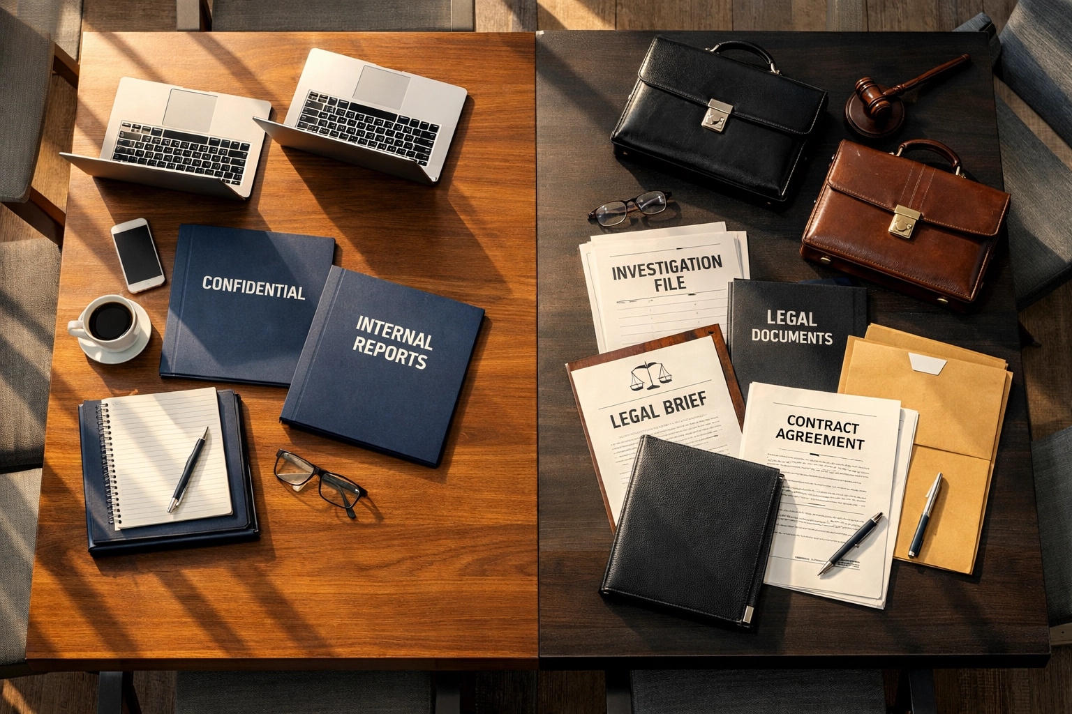 Corporate boardroom table showing choice between internal and external investigation documents