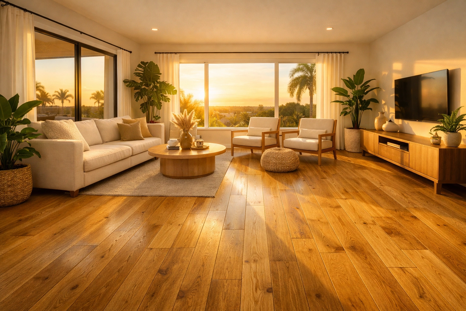 Sun-drenched Orlando living room showing wide-plank honey oak flooring renovation and warm tones.