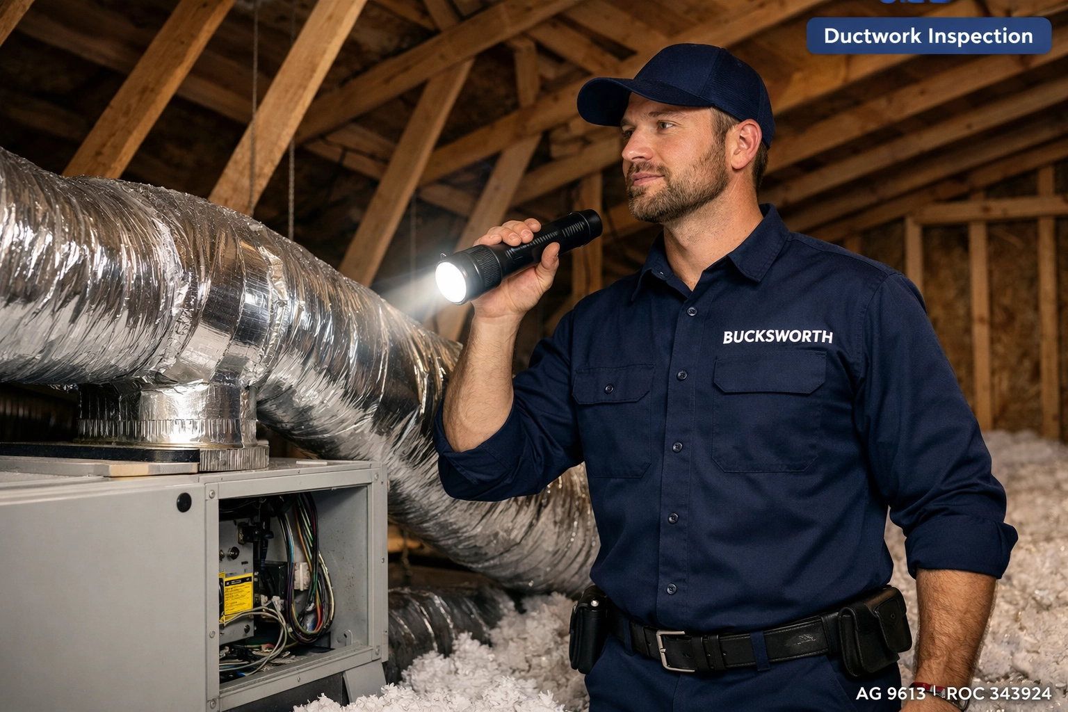 Bucksworth technician performing a professional ductwork inspection in a Fountain Hills attic for AC efficiency.