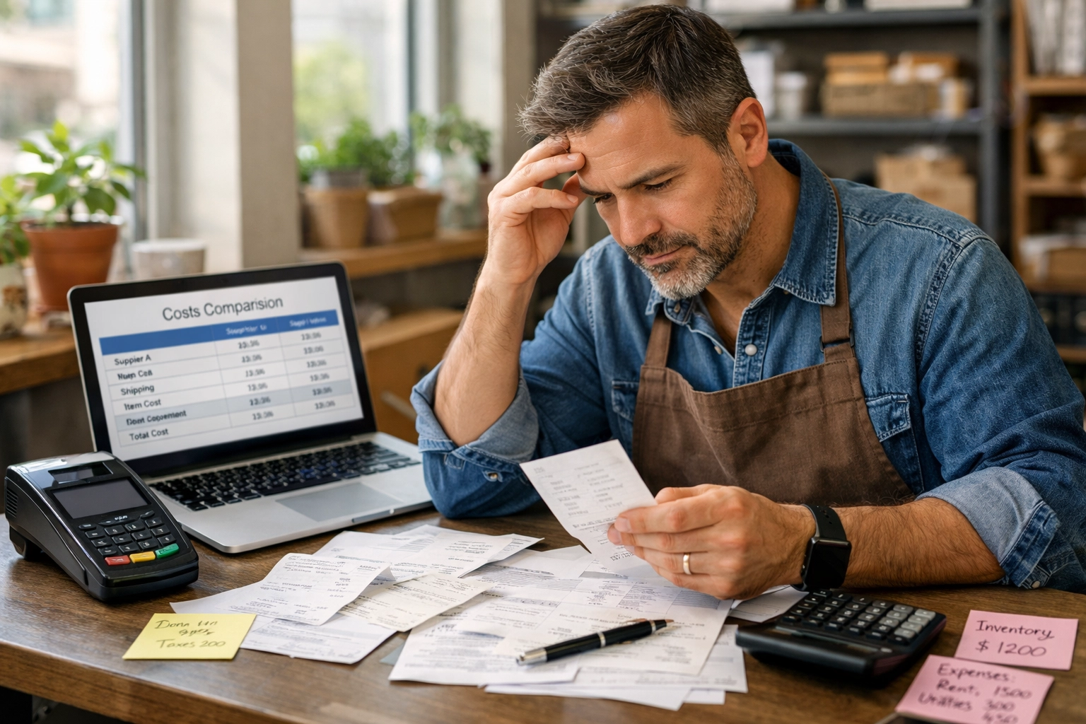 Small business owner comparing POS system costs and monthly fees