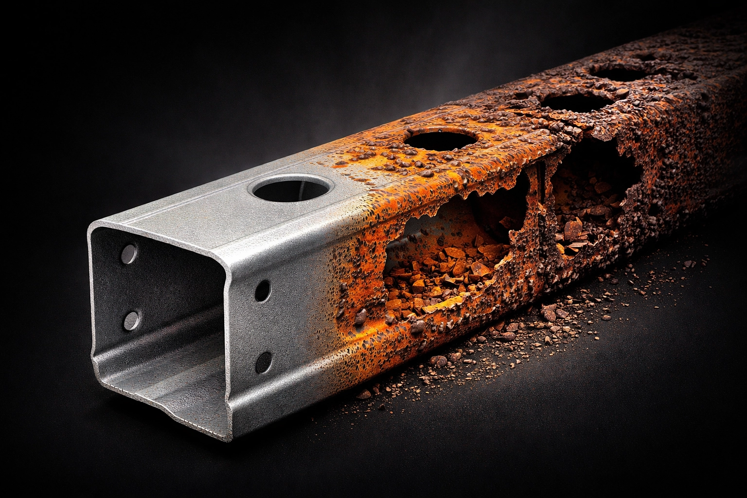 Cutaway illustration of van chassis rail showing progression from protected metal to severe rust damage