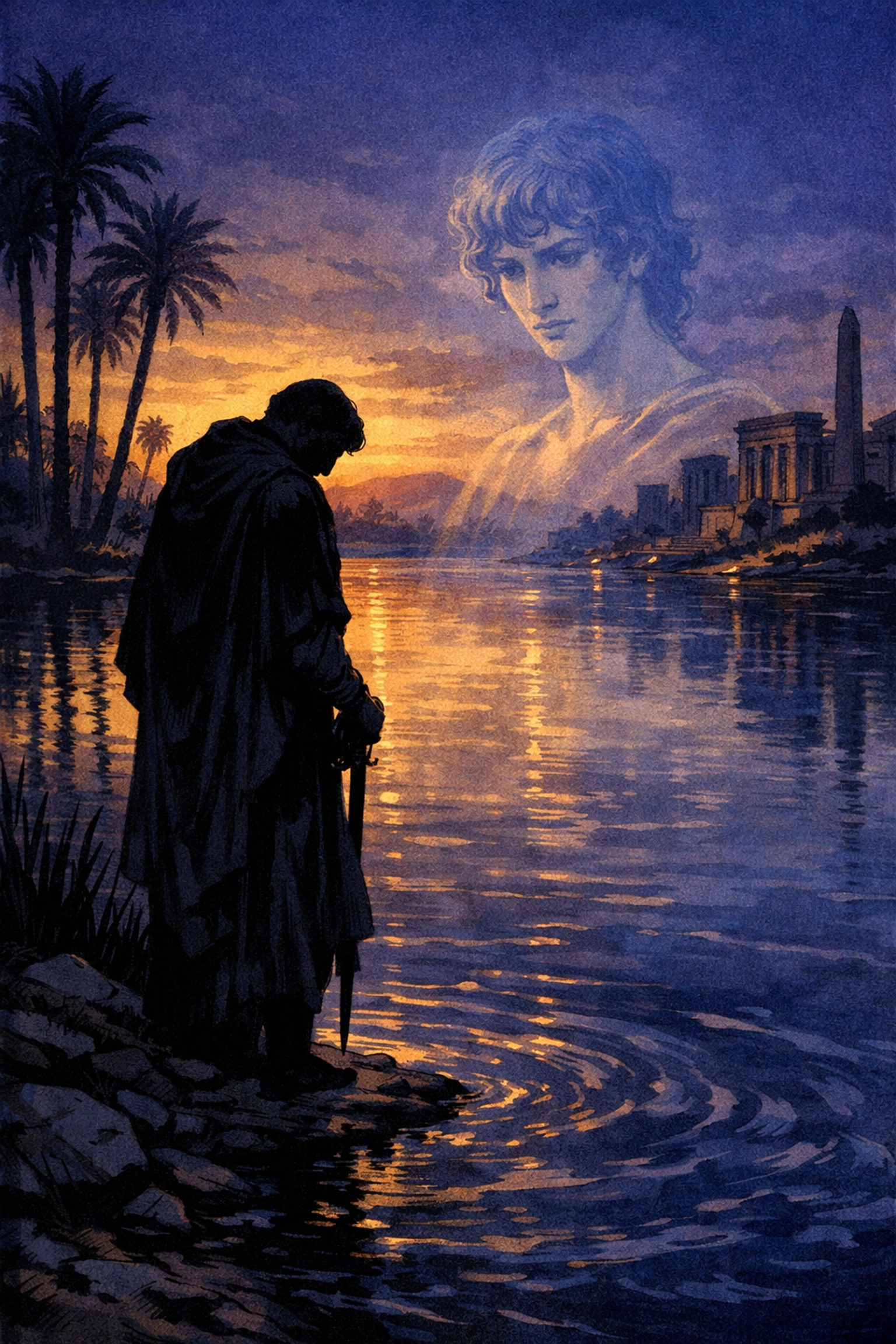 Emperor Hadrian mourning Antinous at the Nile River in ancient Egypt