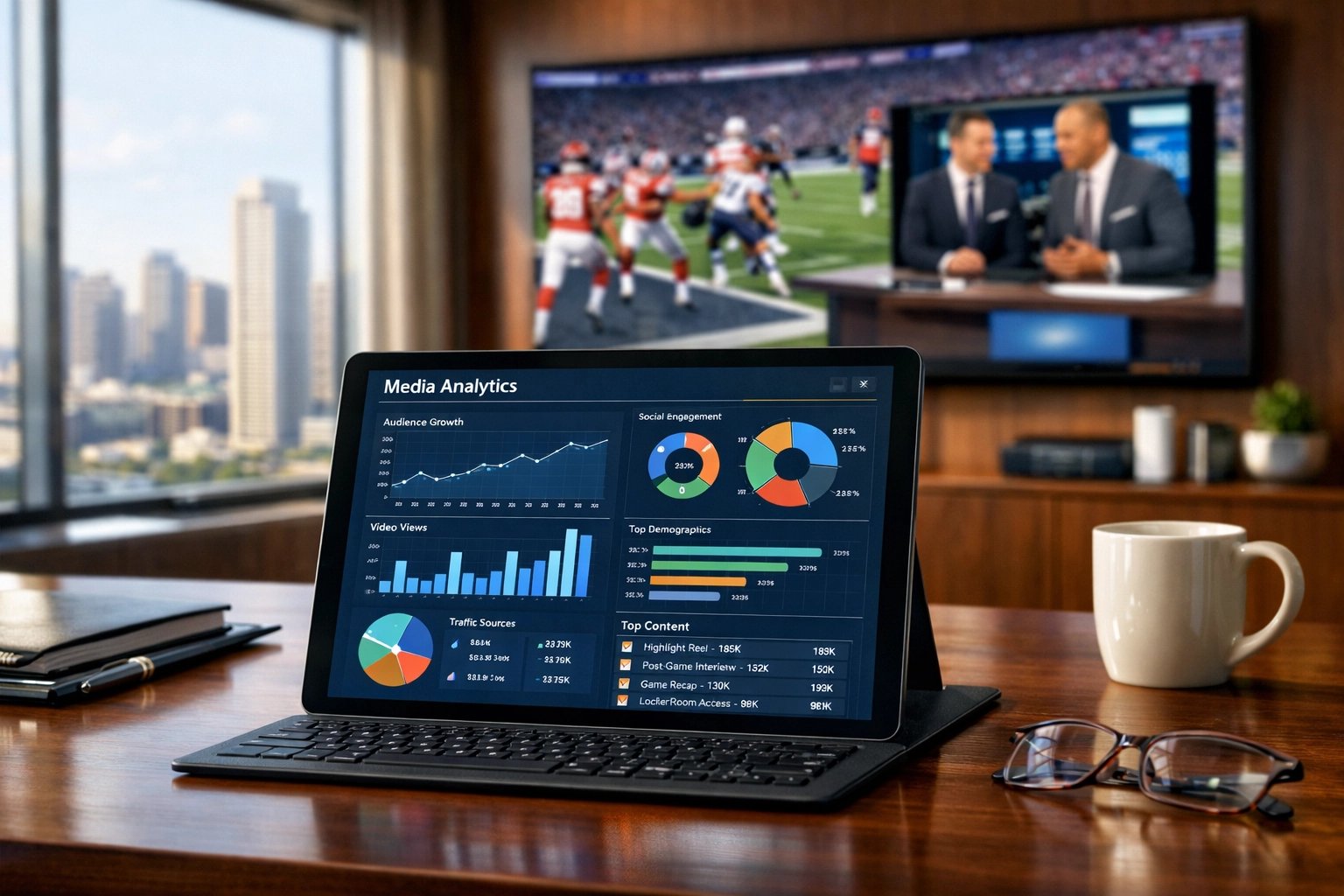 A tablet displaying a media analytics dashboard in a professional office for strategic decision-making.