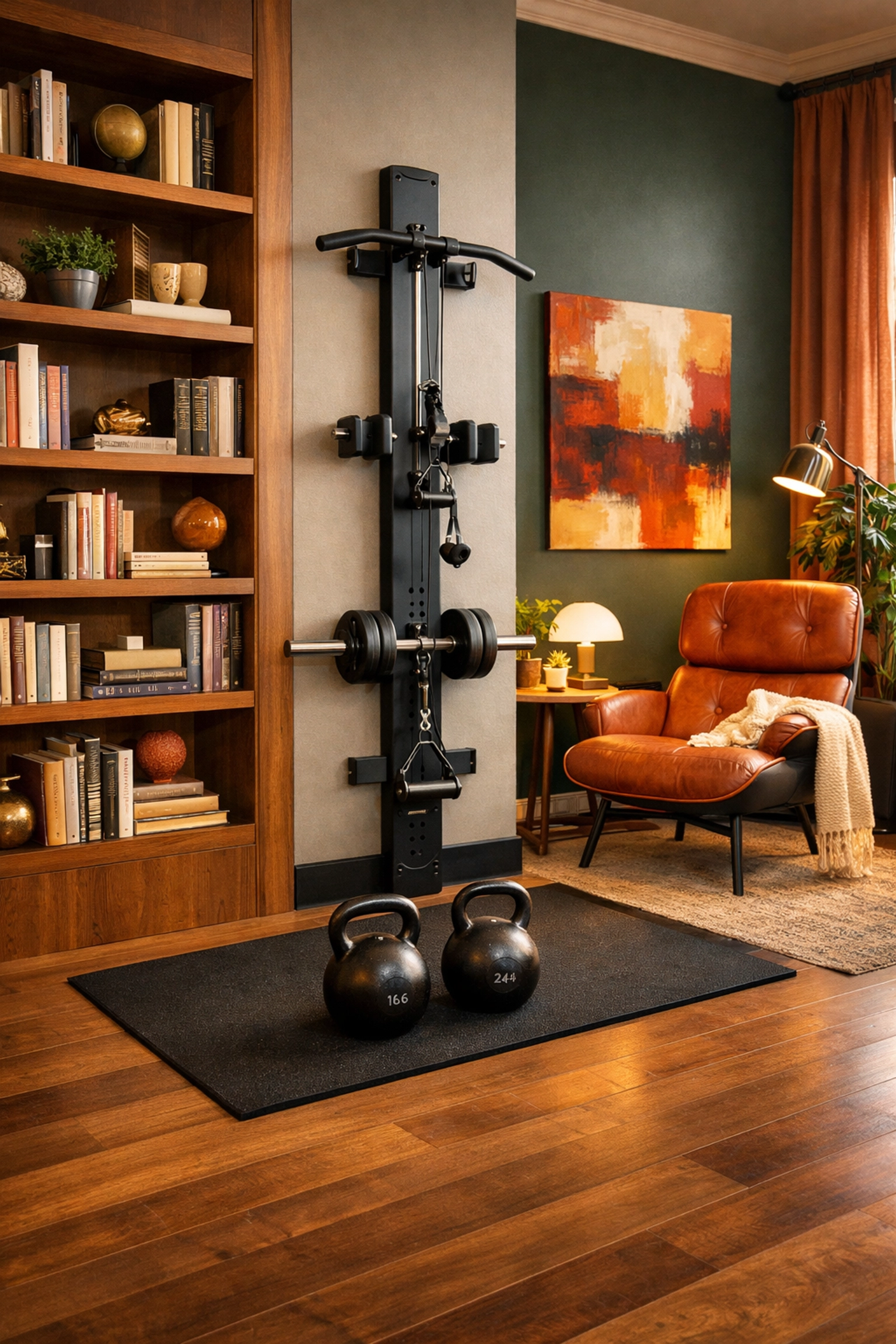 Compact and versatile home gym featuring a vertical resistance rail in a modern apartment living room.