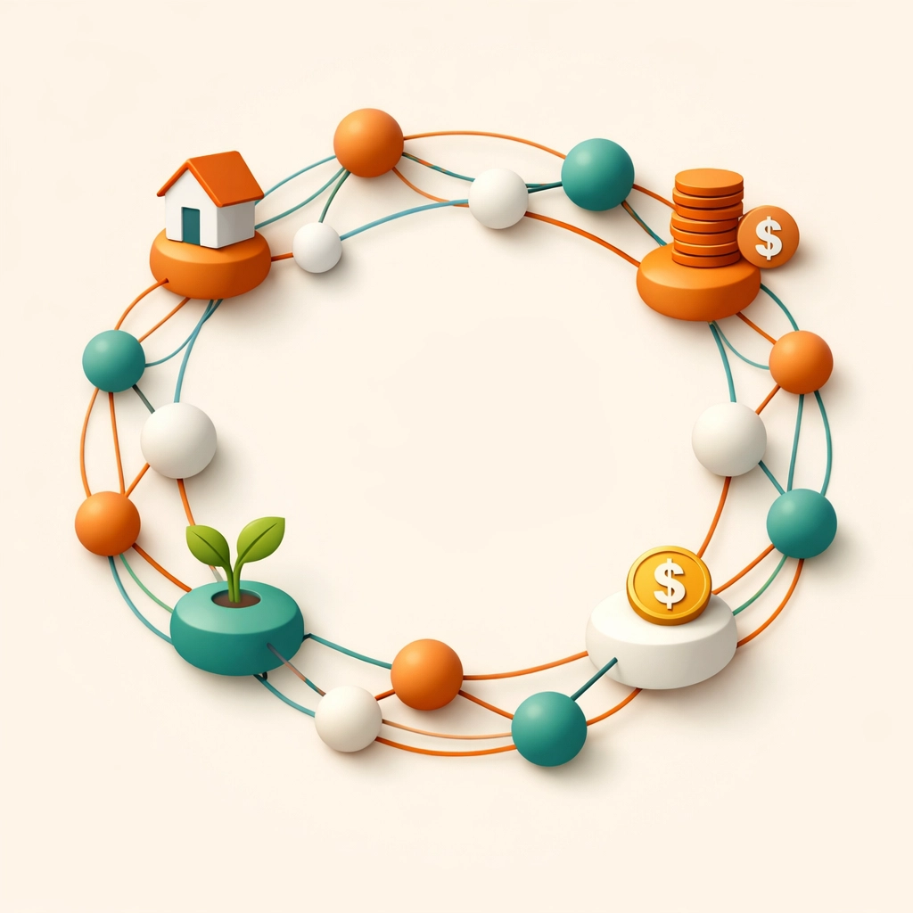 Community finance network showing interconnected nodes and shared resources building wealth
