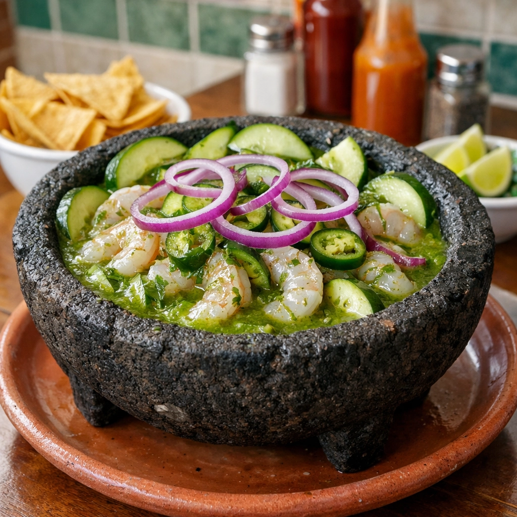Fresh Aguachile Verde shrimp cocktail in a stone molcajete, a spicy and affordable Mexico City dining experience.