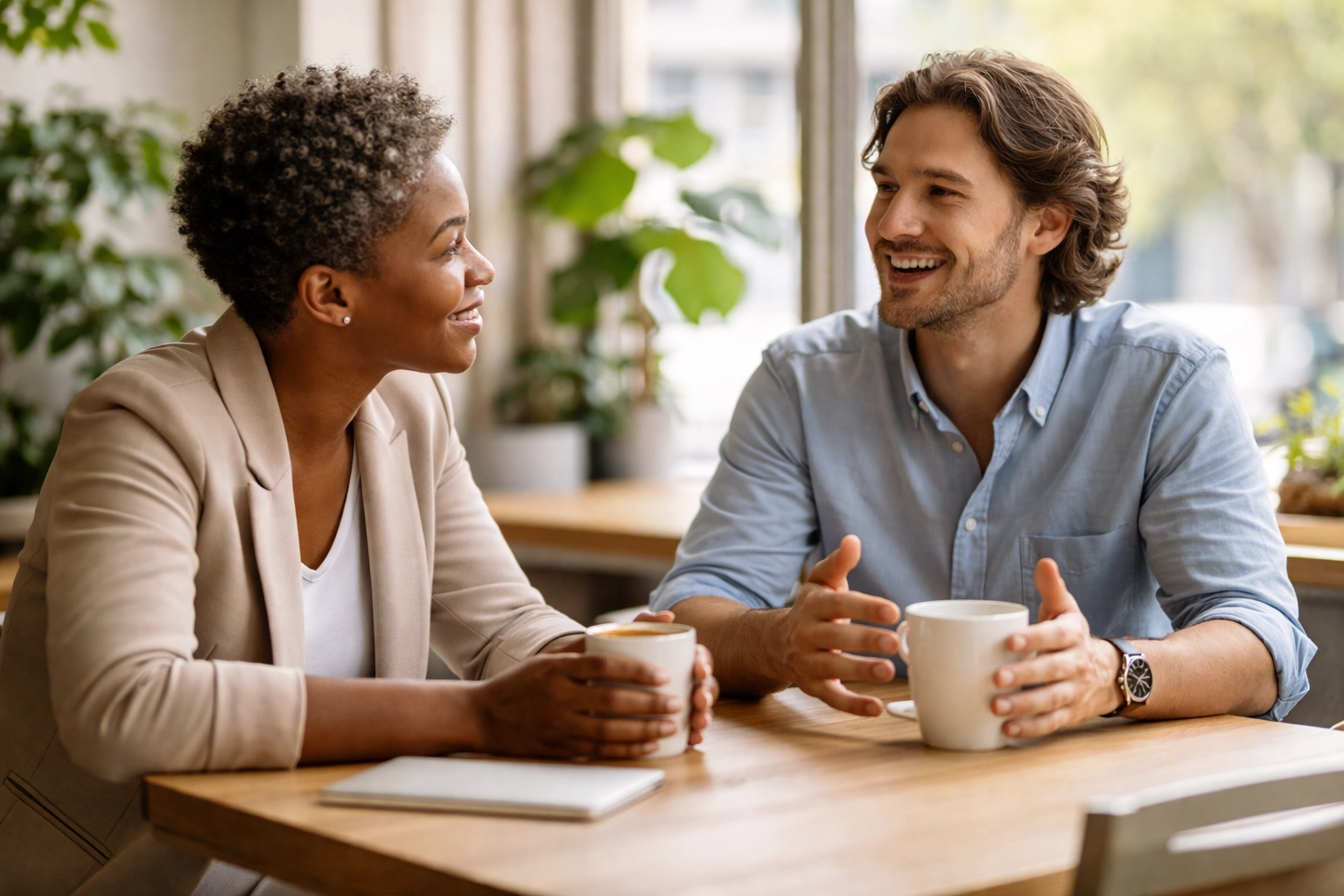 Two founders having an open conversation in a café, emphasising the importance of support networks for mental health