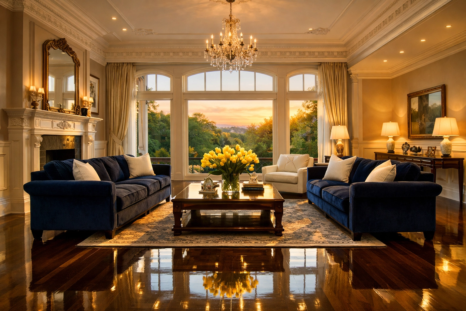 Immaculate Brookline estate living room with polished floors after professional Luxury House Cleaning in Brookline MA.