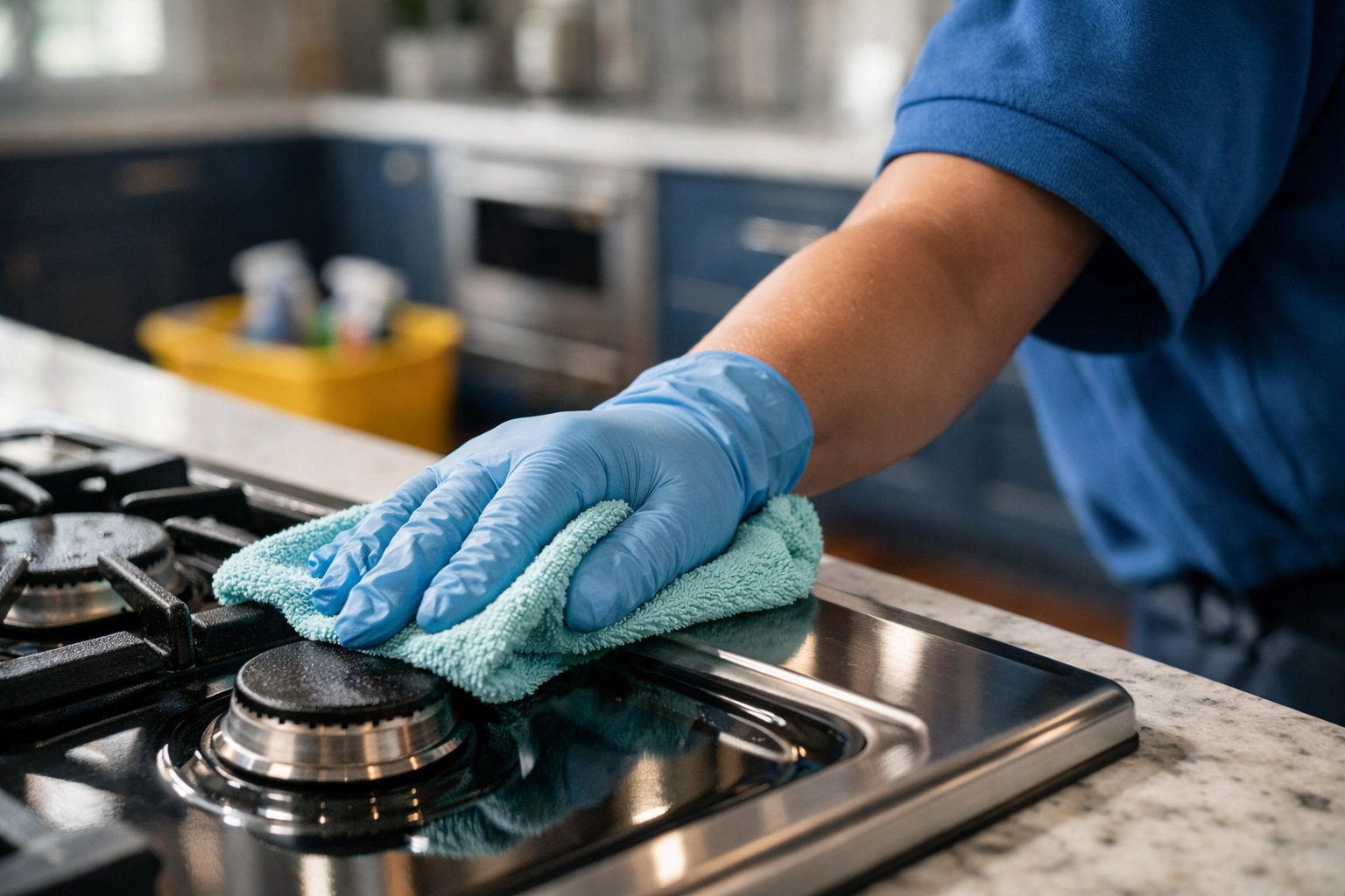 Professional deep cleaning Westborough service detailing a luxury kitchen stovetop and white countertops.