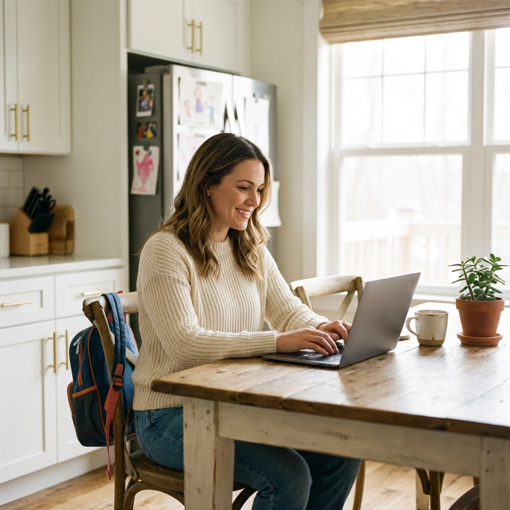 Smiling stay-at-home mom working from her kitchen table as a home-based travel advisor, blending work and family life.