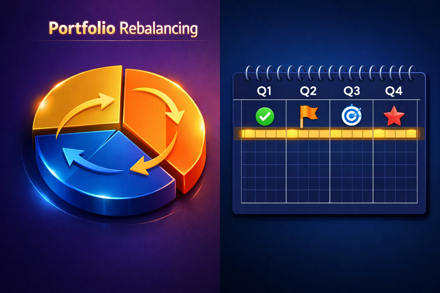 Portfolio rebalancing visualization showing 40/30/30 asset allocation strategy