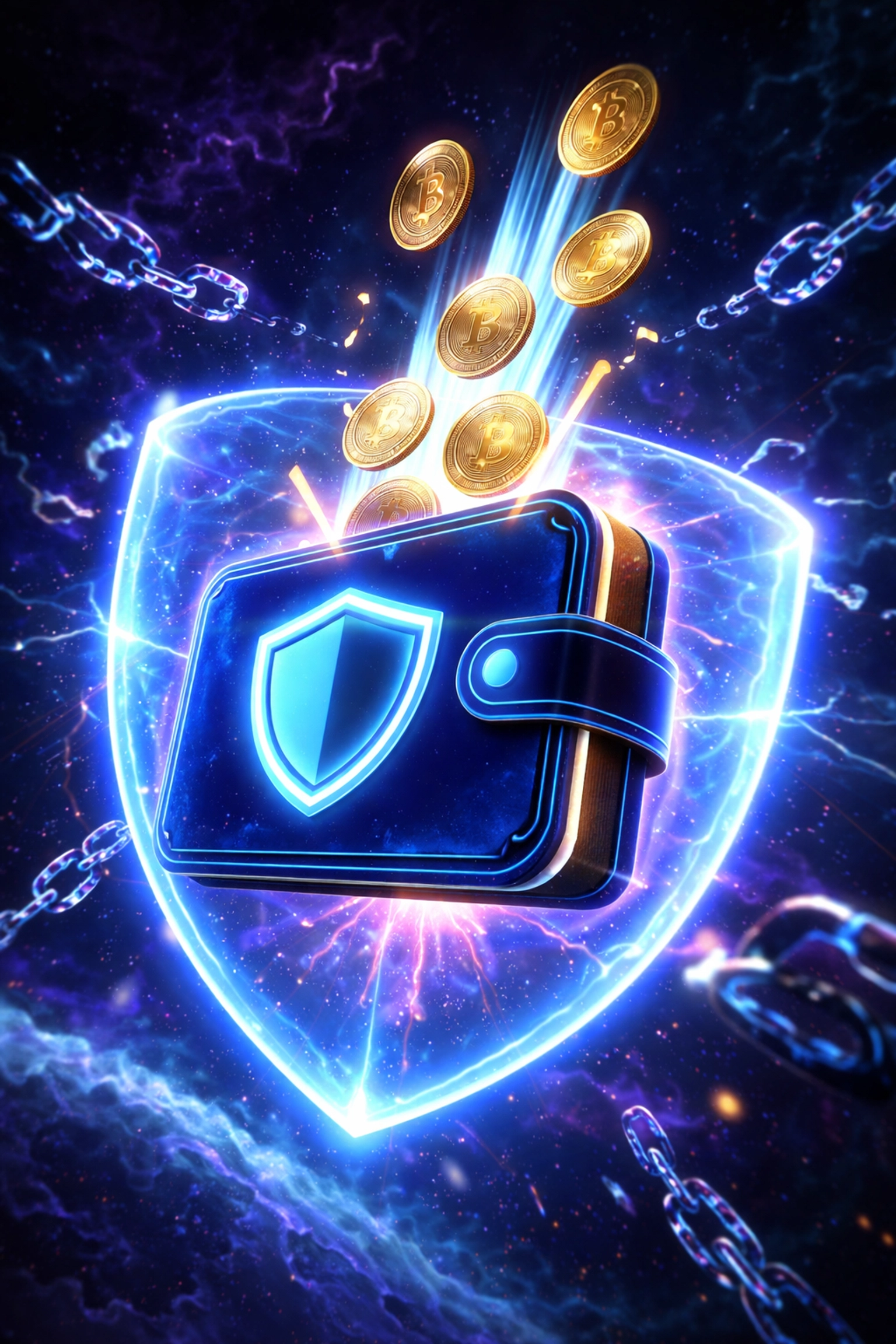 Glowing digital wallet in space symbolizes secure self-custody and decentralized LUSD crypto payments for merchants.