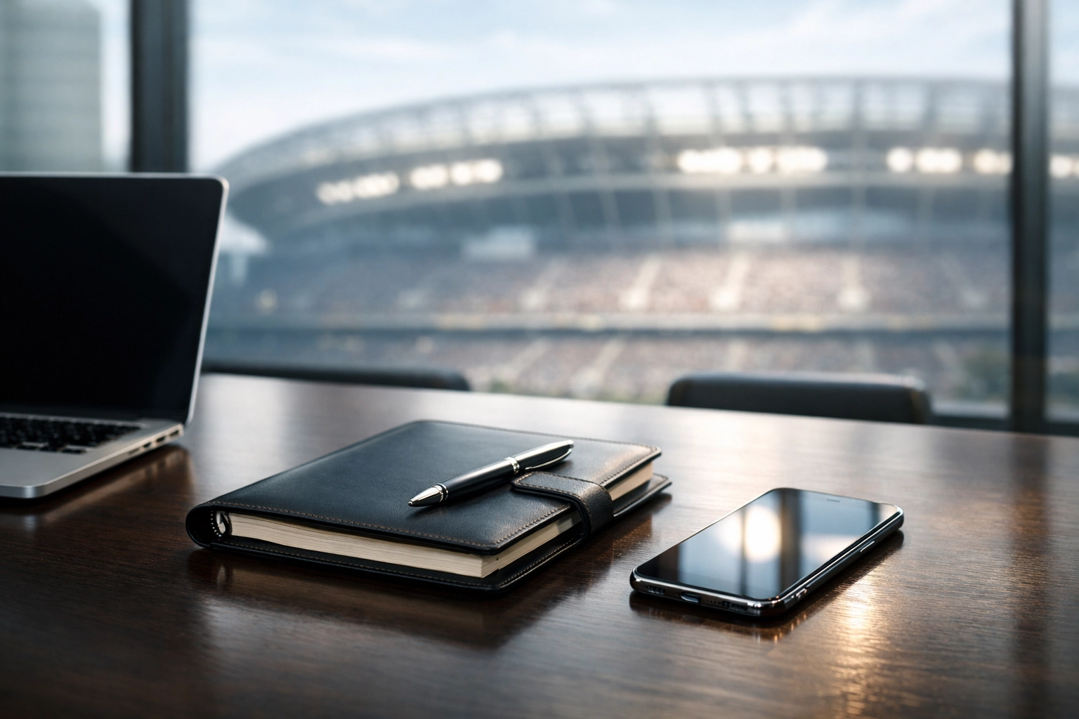 Corporate boardroom with stadium view showcasing strategic Super Bowl travel management outcomes.